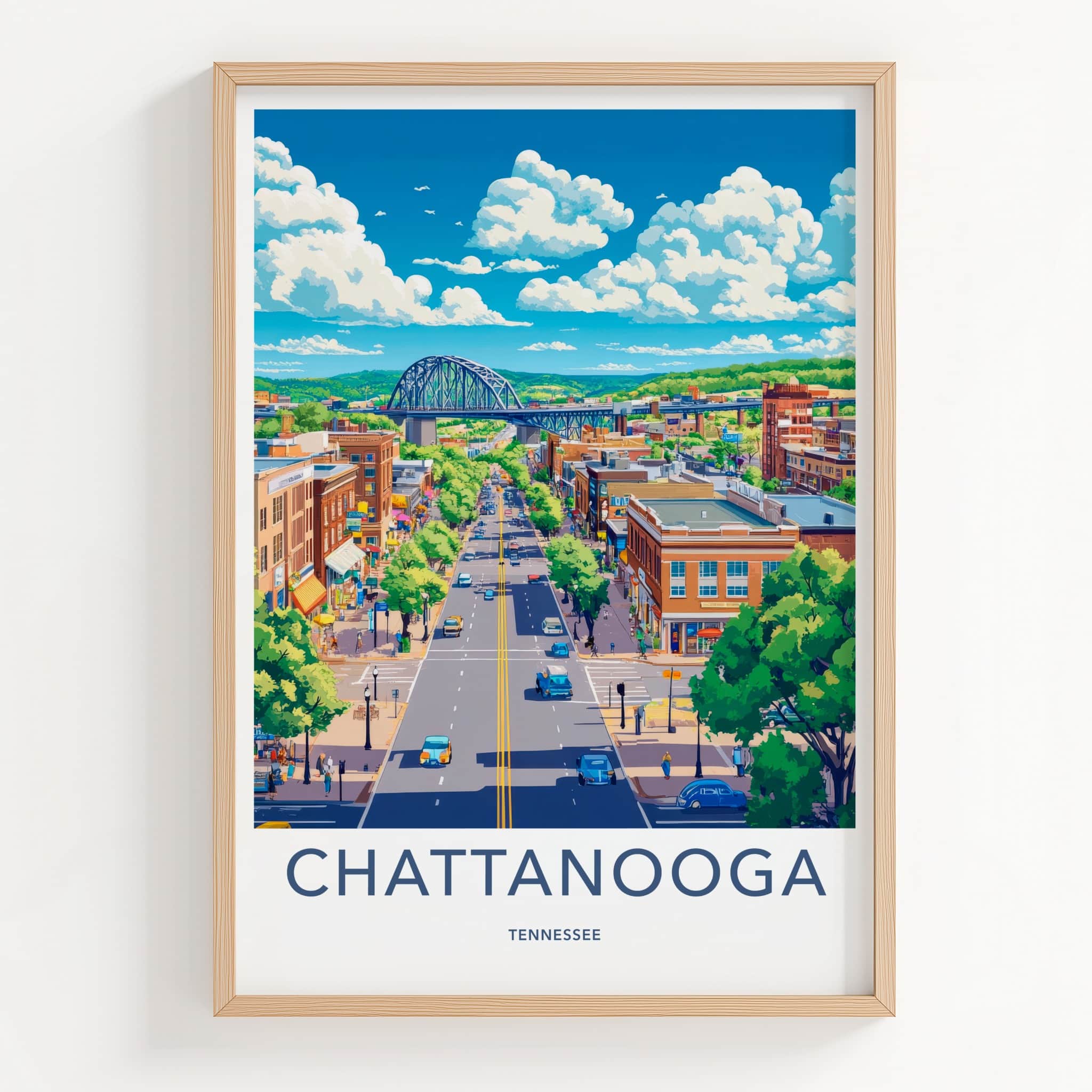 Chattanooga Poster - Tennessee Travel Art - Lively Cityscape Bridge Home Decor