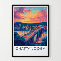Chattanooga Poster - Tennessee Travel Print - Vibrant Sunset Bridge Home Decor