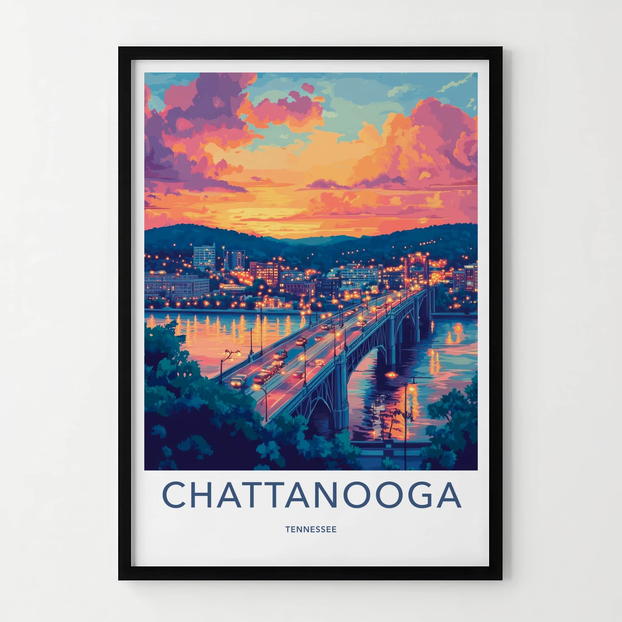 Chattanooga Poster - Tennessee Travel Print - Vibrant Sunset Bridge Home Decor