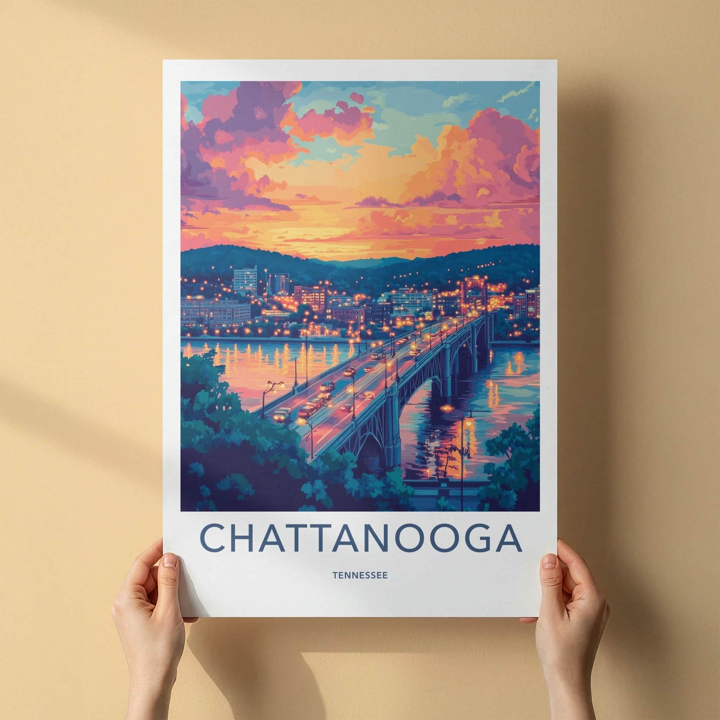 Chattanooga Poster - Tennessee Travel Print - Vibrant Sunset Bridge Home Decor