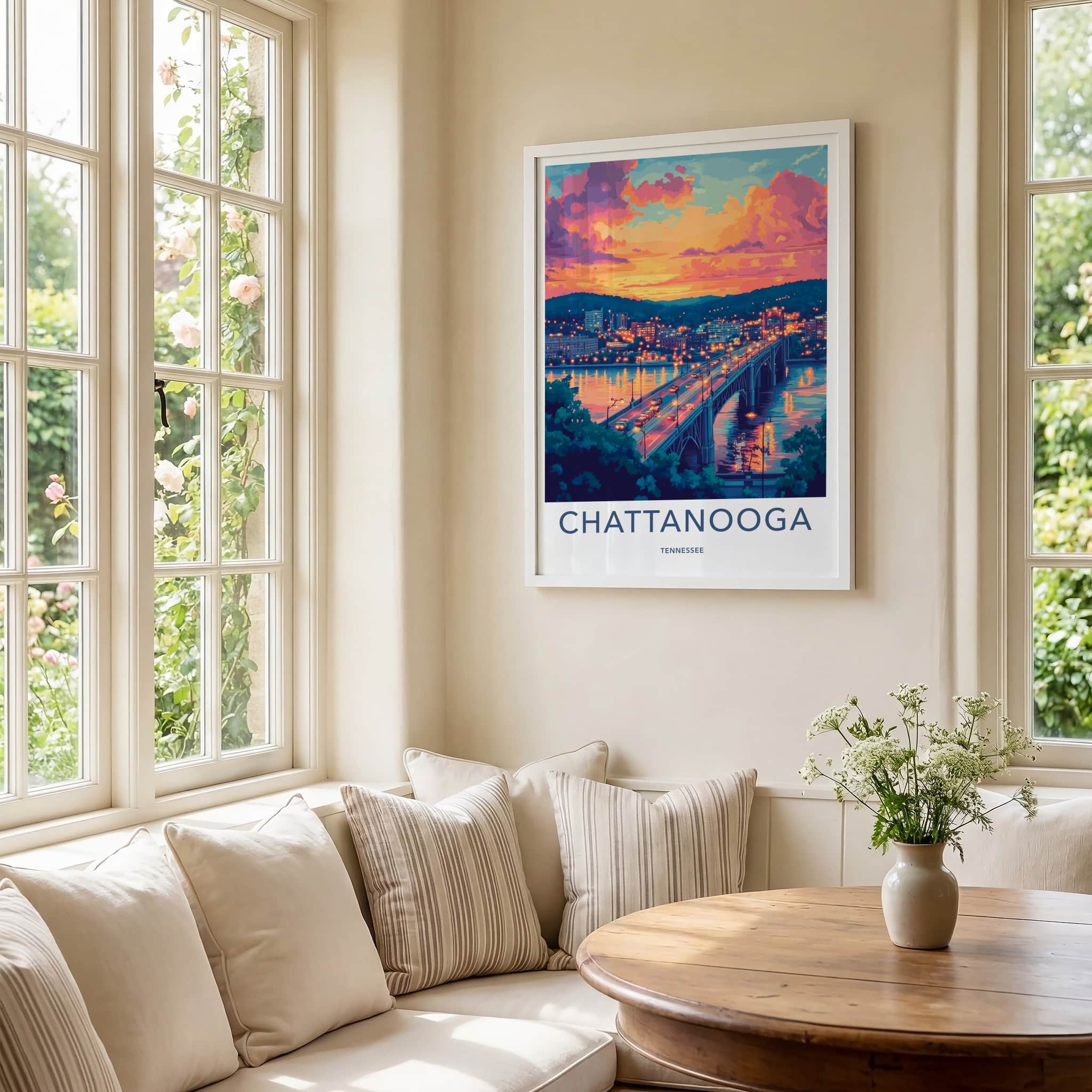 Chattanooga Poster - Tennessee Travel Print - Vibrant Sunset Bridge Home Decor
