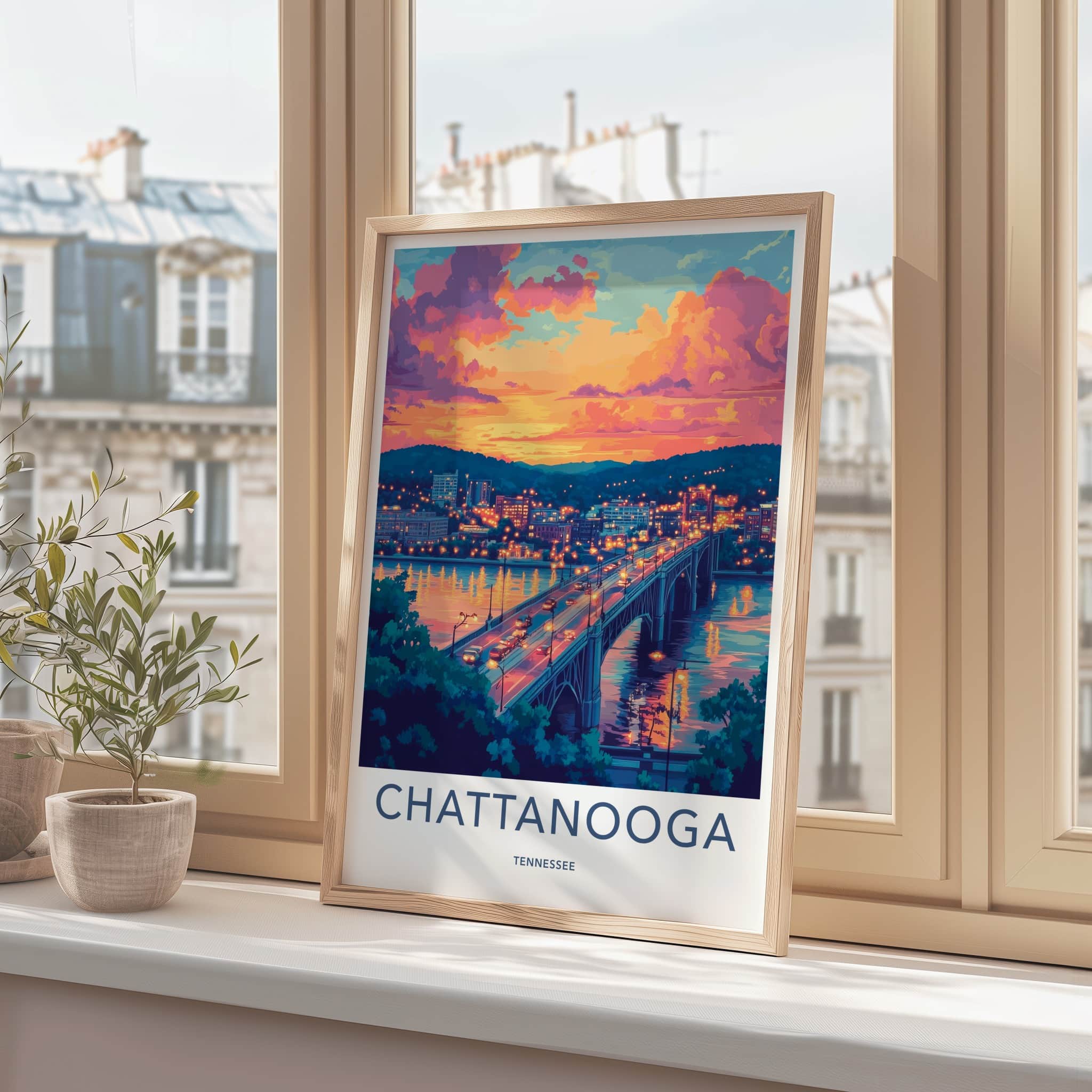 Chattanooga Poster - Tennessee Travel Print - Vibrant Sunset Bridge Home Decor