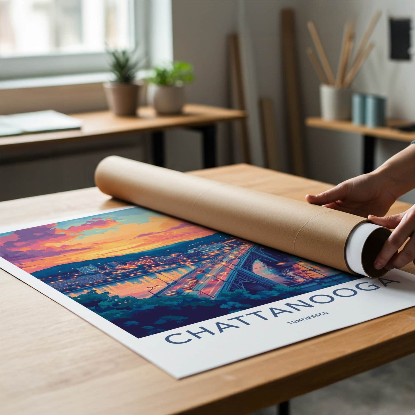 Chattanooga Poster - Tennessee Travel Print - Vibrant Sunset Bridge Home Decor