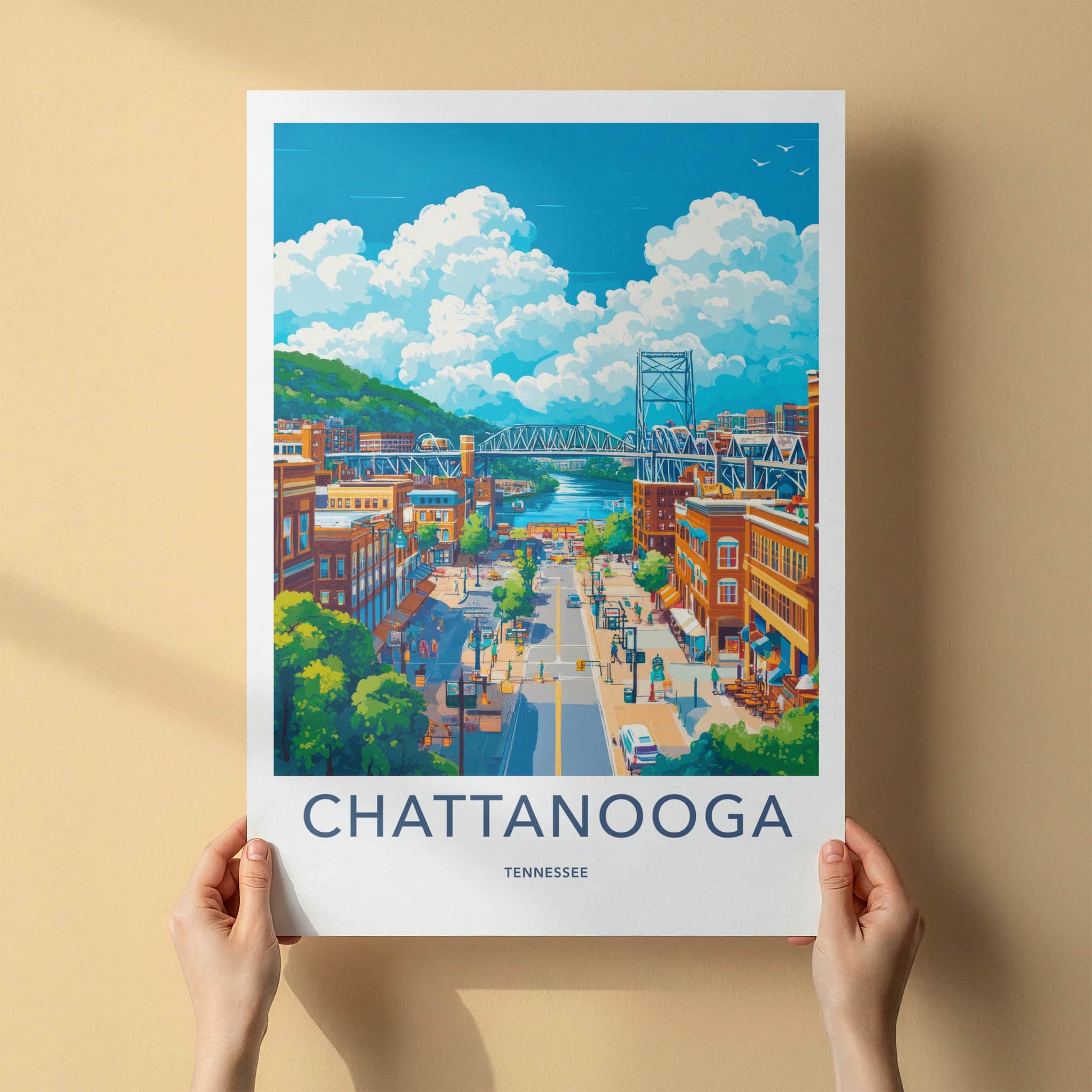 Chattanooga Poster - Tennessee Wall Art - Colorful Streetscape River Home Decor