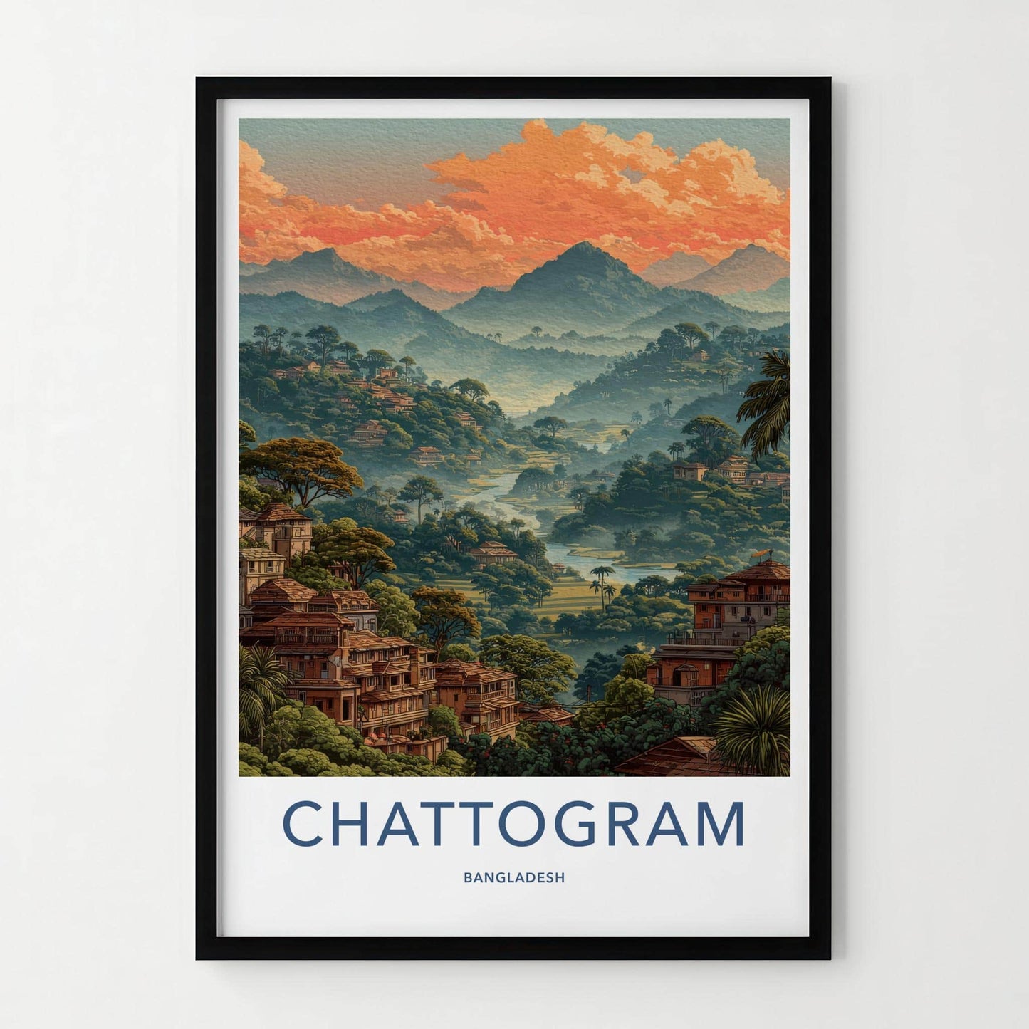 Chattogram Poster - Bangladesh Travel Art - Hillside Village Sunset Home Decor