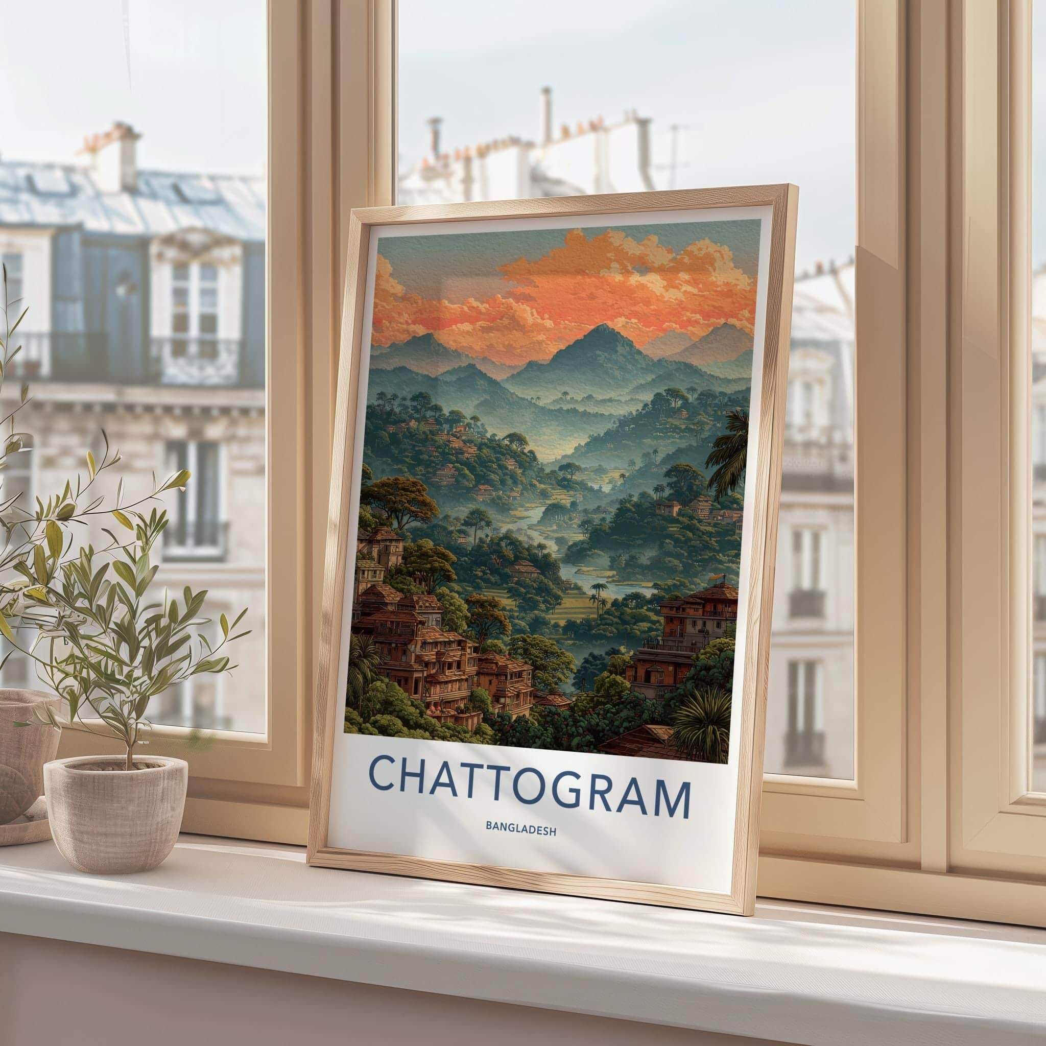 Chattogram Poster - Bangladesh Travel Art - Hillside Village Sunset Home Decor