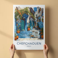 Chefchaouen Poster - Morocco Travel Art - Blue Steps Cat Wall Decor