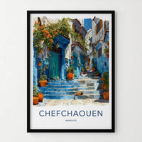 Chefchaouen Poster - Morocco Travel Art - Blue Steps Cat Wall Decor