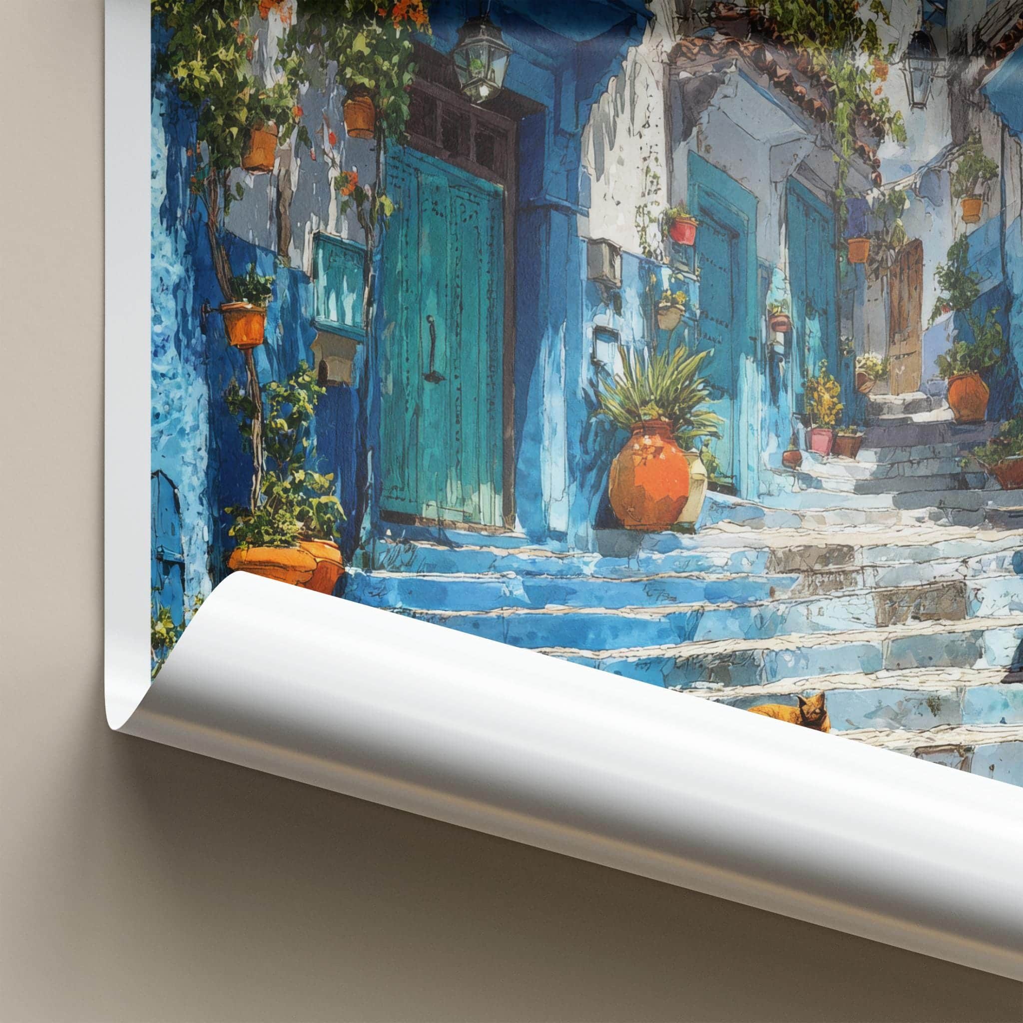 Chefchaouen Poster - Morocco Travel Art - Blue Steps Cat Wall Decor