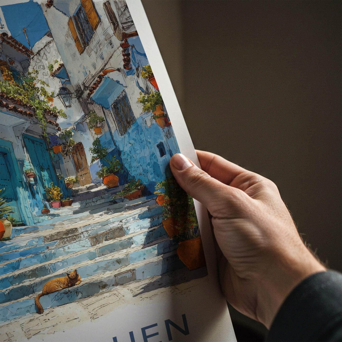 Chefchaouen Poster - Morocco Travel Art - Blue Steps Cat Wall Decor