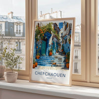 Chefchaouen Poster - Morocco Travel Art - Blue Steps Cat Wall Decor