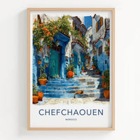 Chefchaouen Poster - Morocco Travel Art - Blue Steps Cat Wall Decor