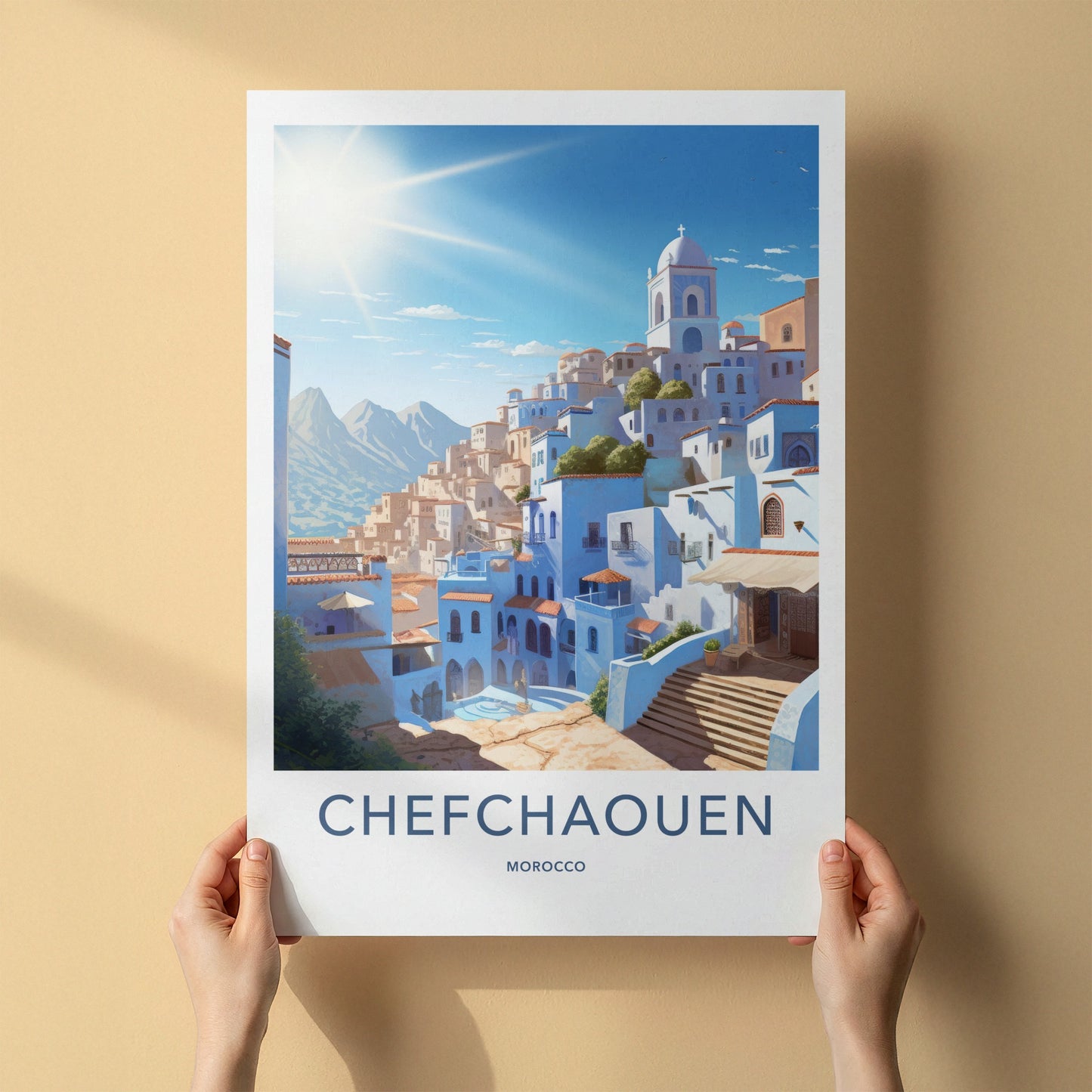 Chefchaouen Poster - Morocco Travel Art - Hillside Blue City Home Decor