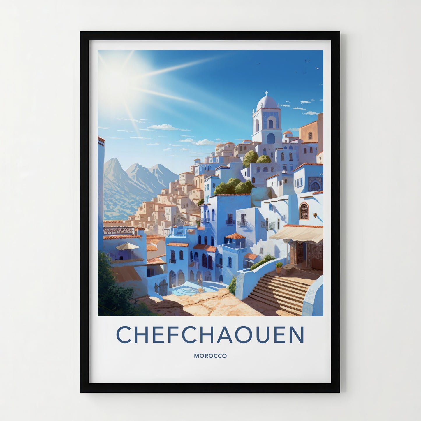 Chefchaouen Poster - Morocco Travel Art - Hillside Blue City Home Decor