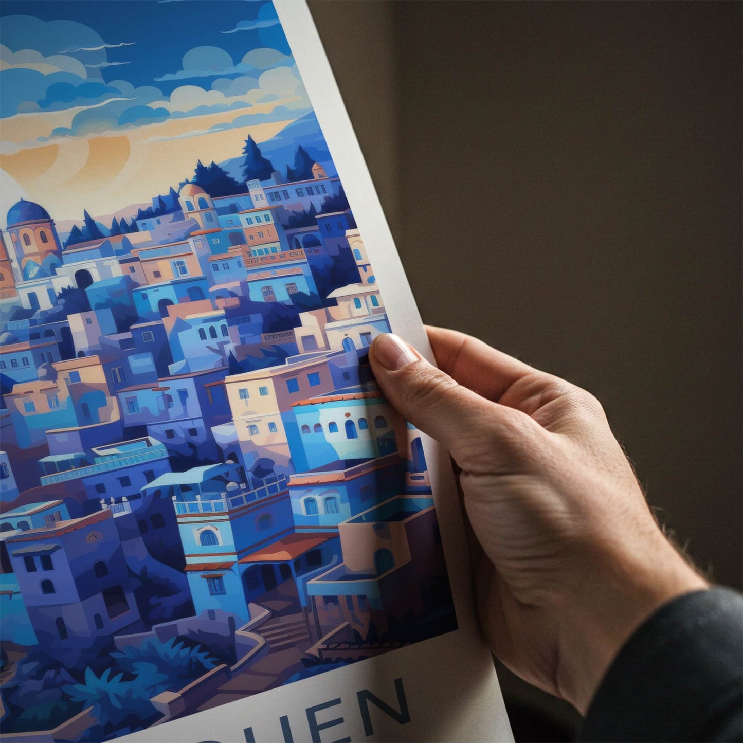 CHEFCHAOUEN Poster - Morocco Travel Art - Moroccan Hillside Village Home Decor