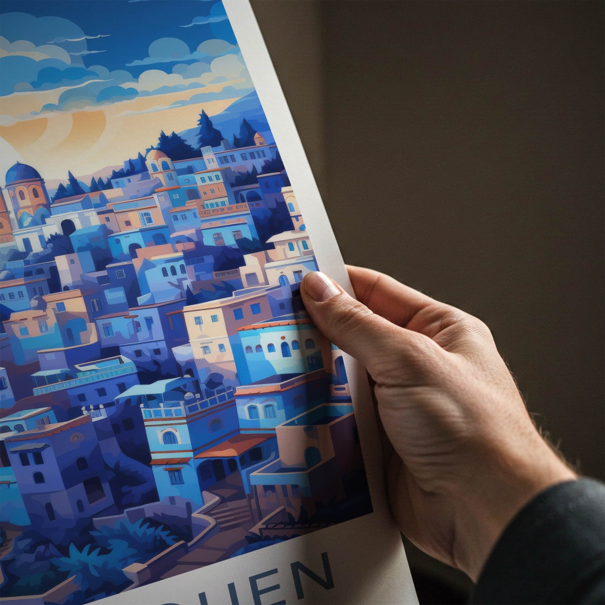CHEFCHAOUEN Poster - Morocco Travel Art - Moroccan Hillside Village Home Decor
