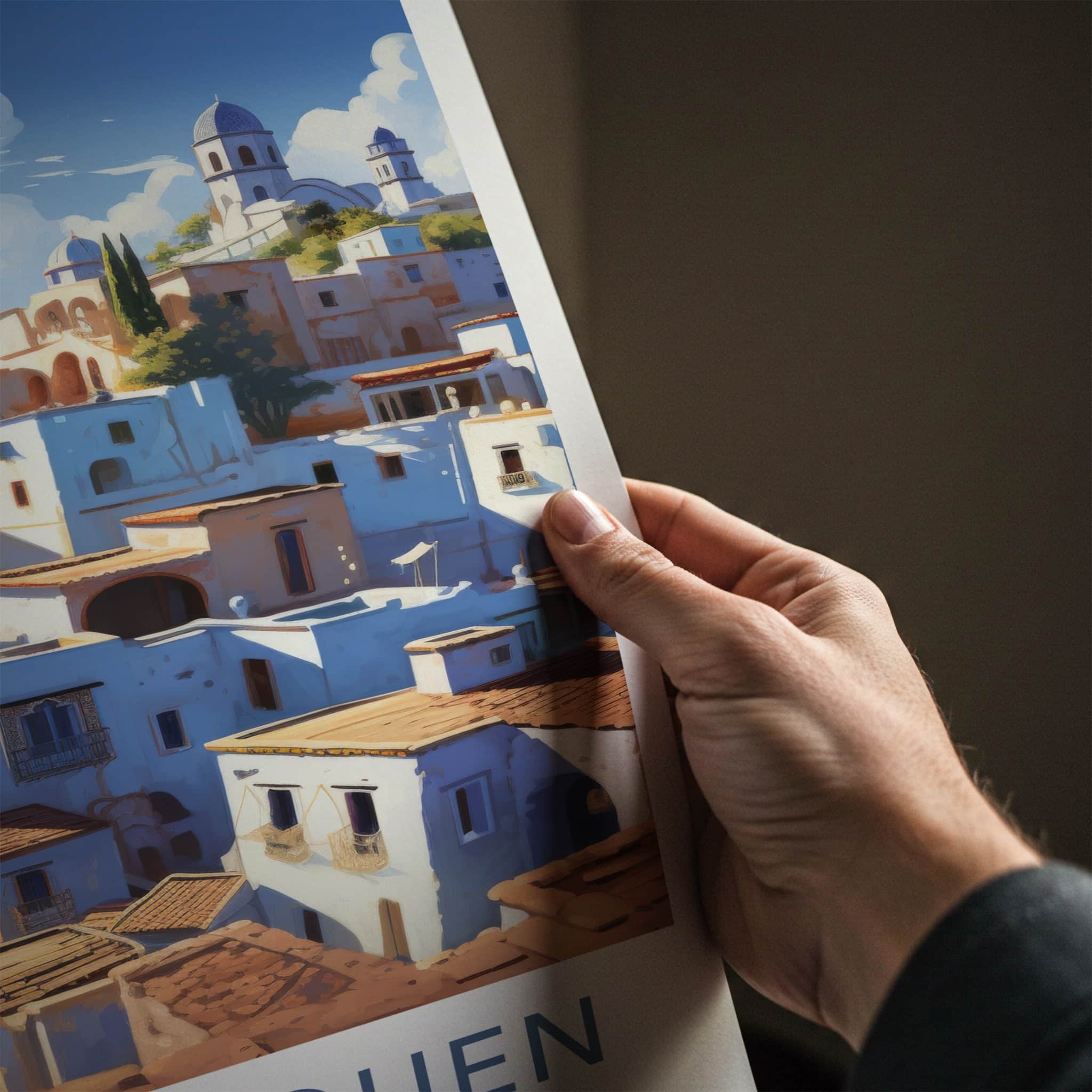 Chefchaouen Poster - Morocco Travel Art - Whitewashed Hillside Village Home Decor