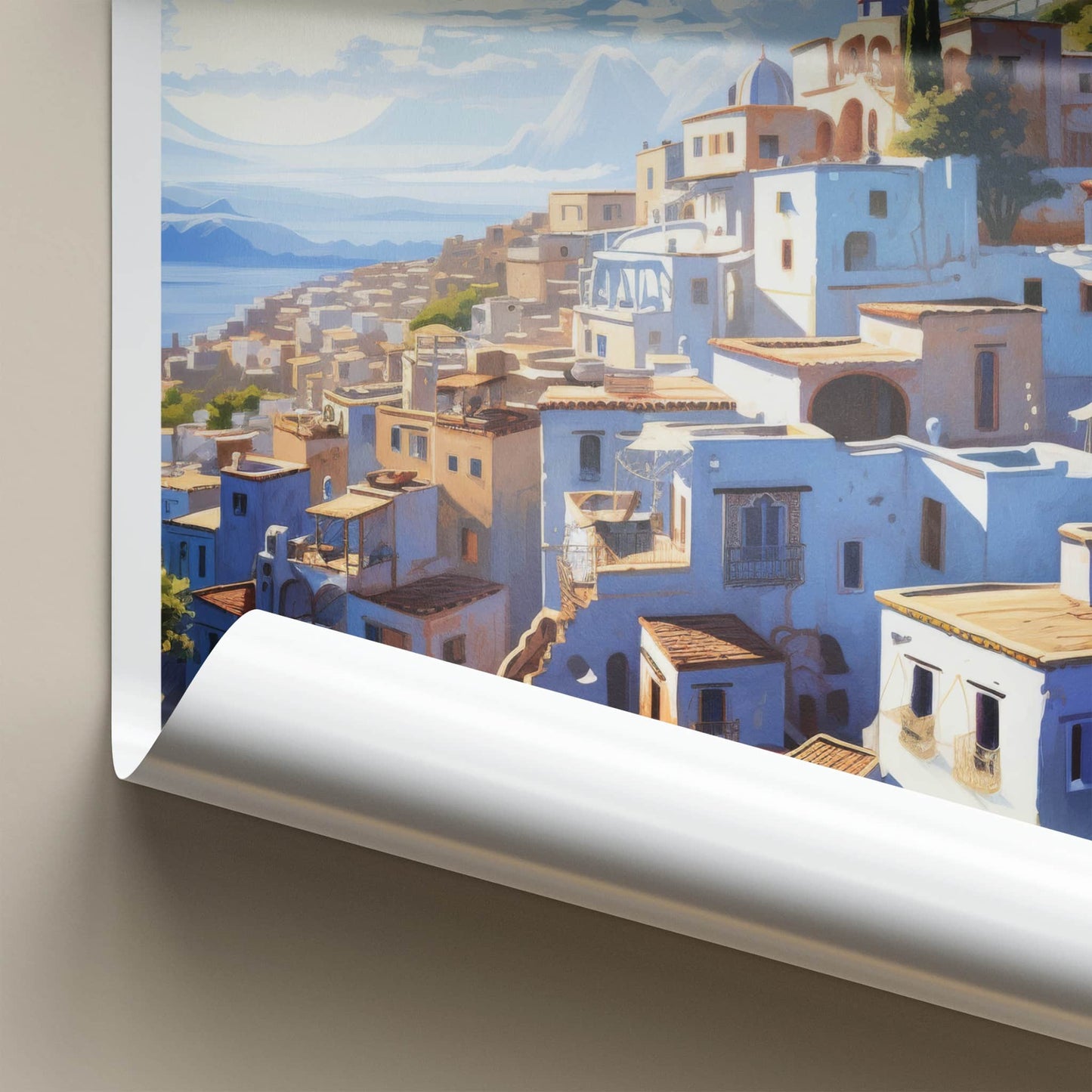 Chefchaouen Poster - Morocco Travel Art - Whitewashed Hillside Village Home Decor