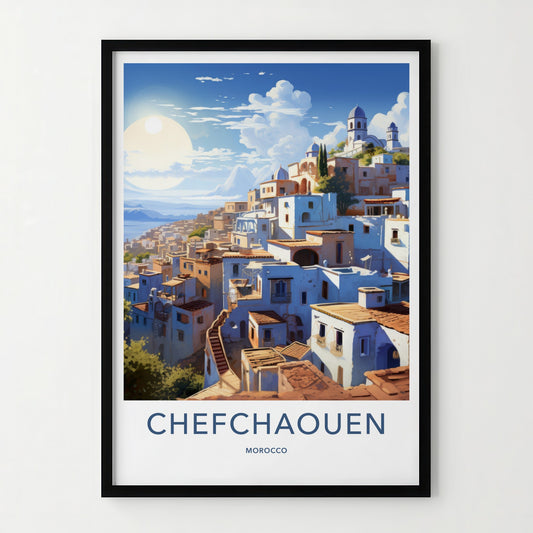 Chefchaouen Poster - Morocco Travel Art - Whitewashed Hillside Village Home Decor