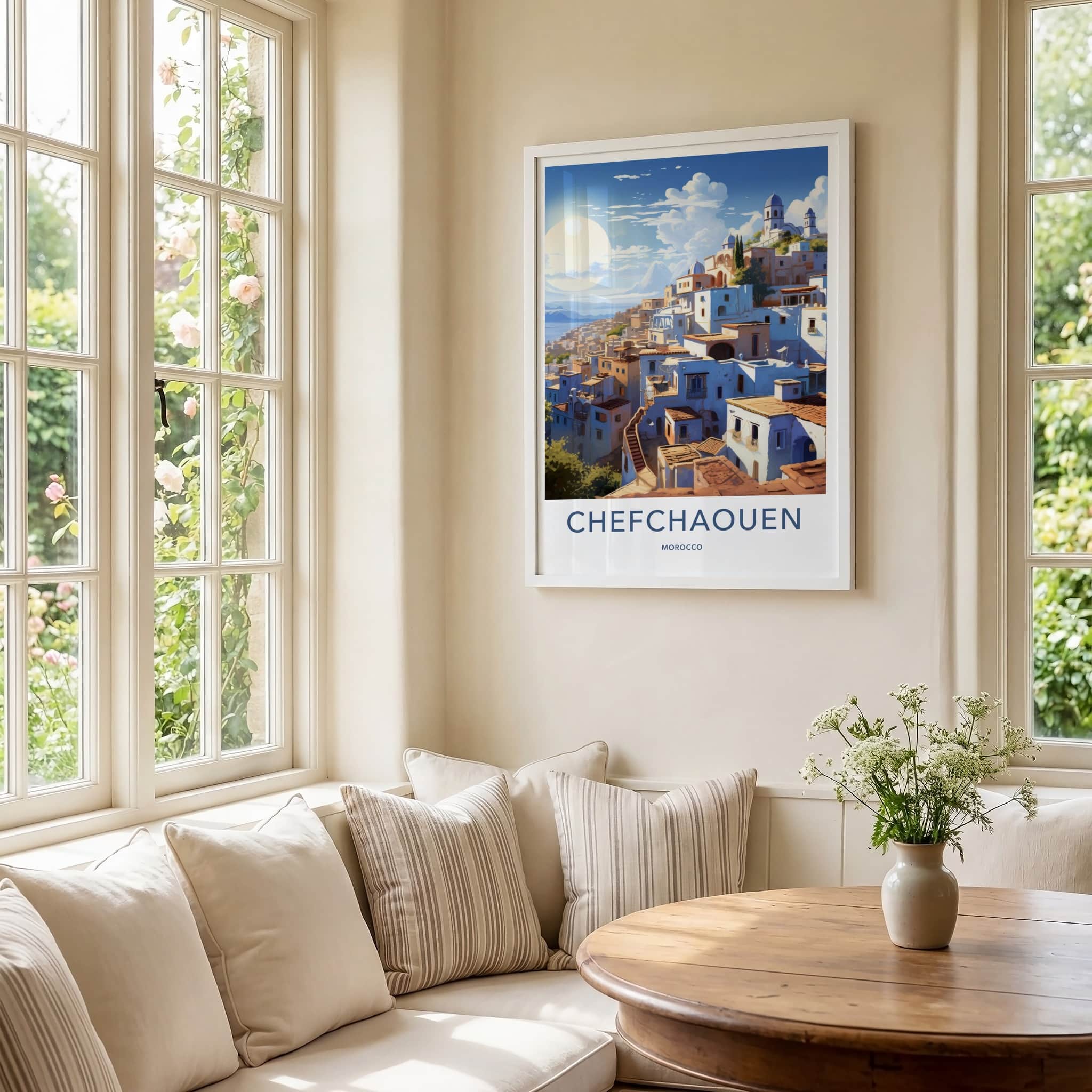 Chefchaouen Poster - Morocco Travel Art - Whitewashed Hillside Village Home Decor