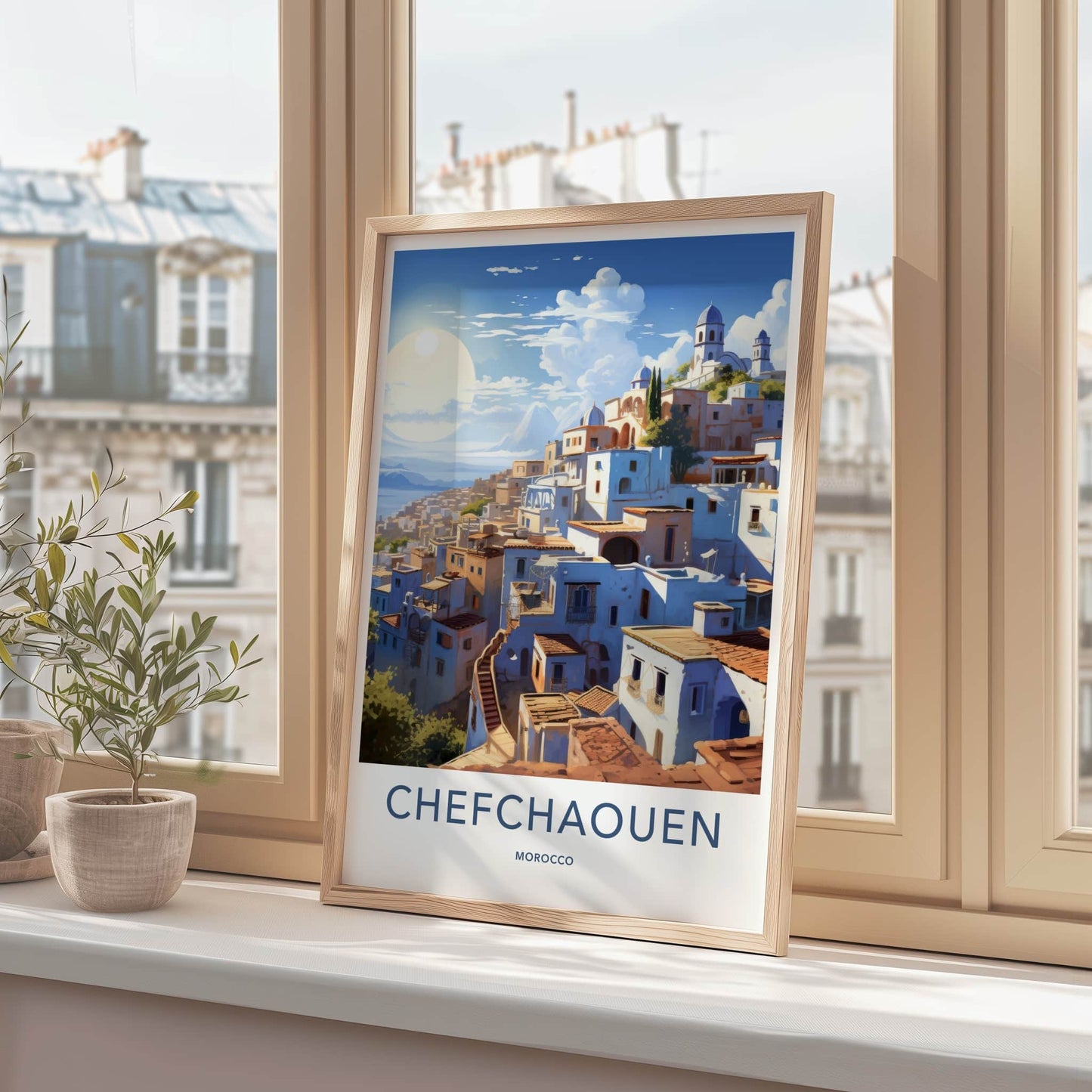Chefchaouen Poster - Morocco Travel Art - Whitewashed Hillside Village Home Decor