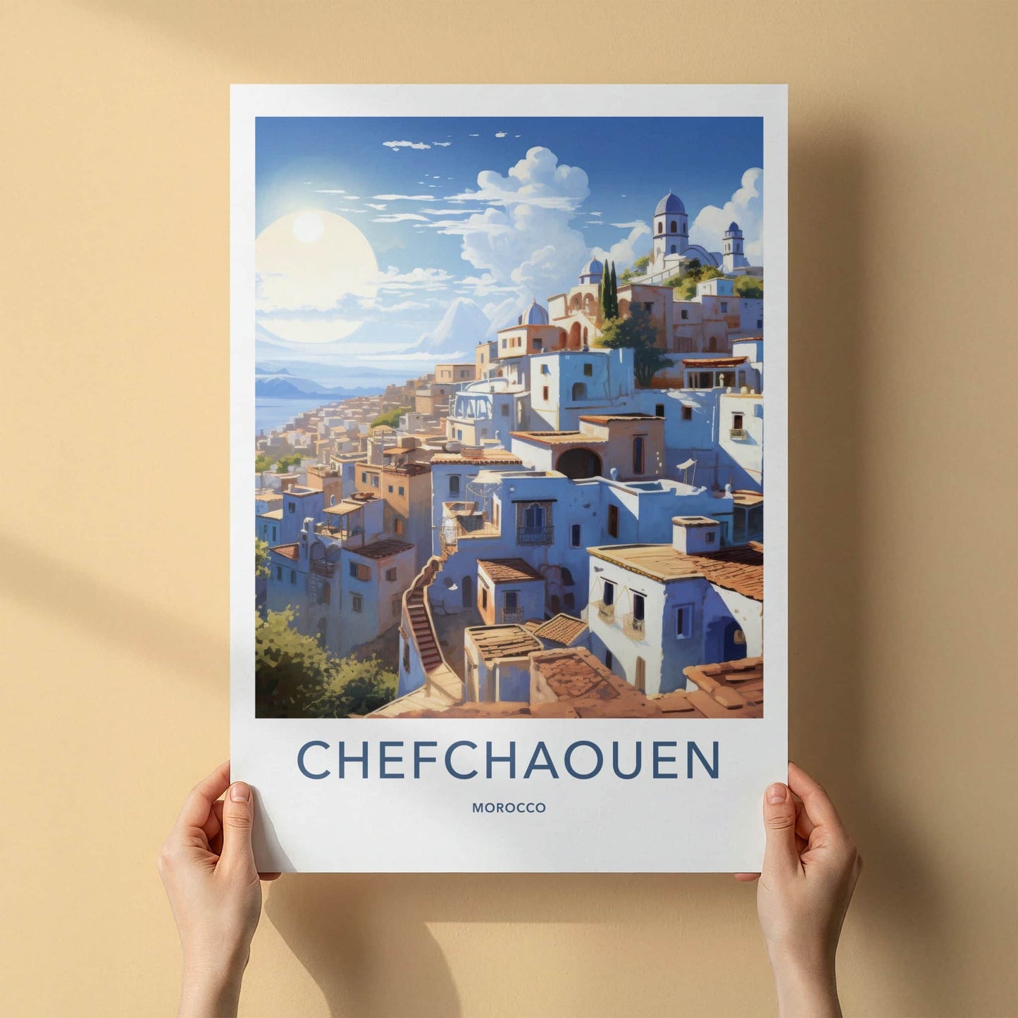 Chefchaouen Poster - Morocco Travel Art - Whitewashed Hillside Village Home Decor