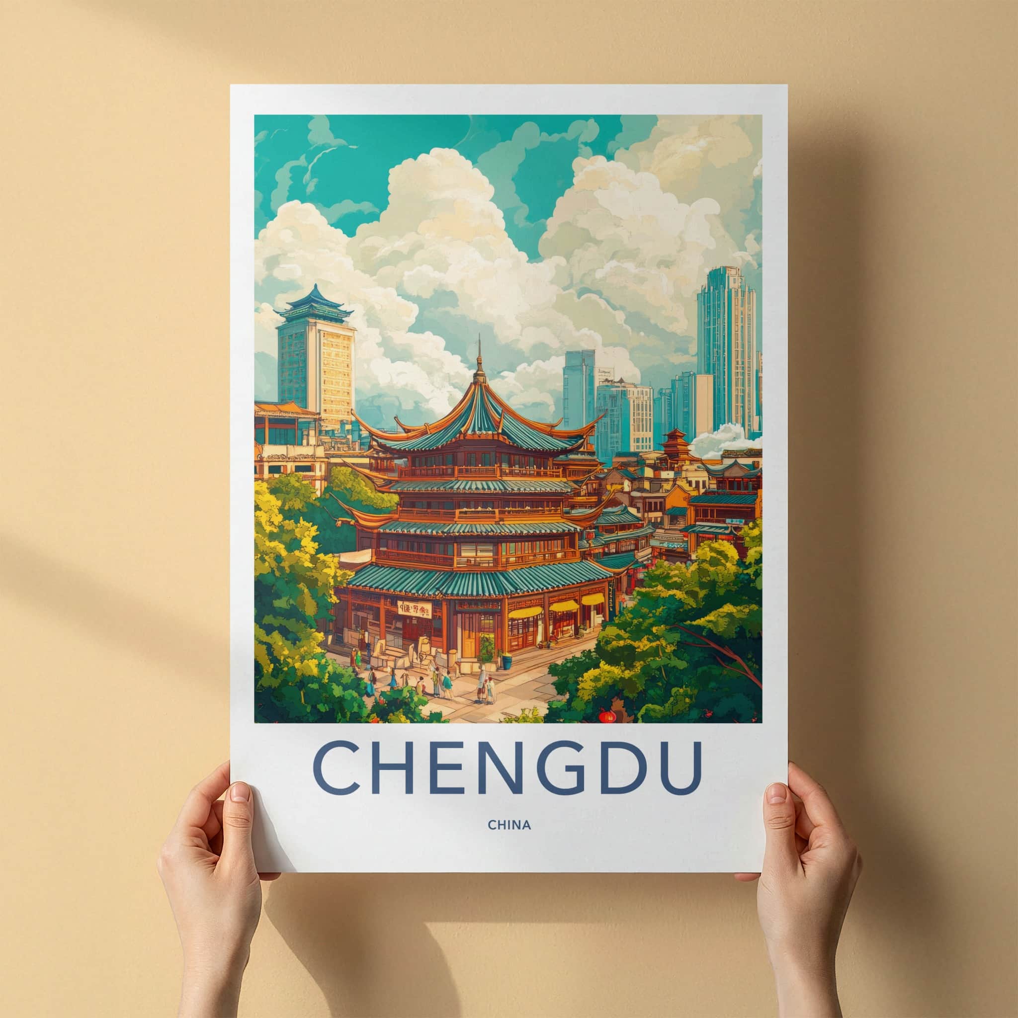 Chengdu Poster - China Travel Art - Historic Pagoda Skyscrapers Home Decor
