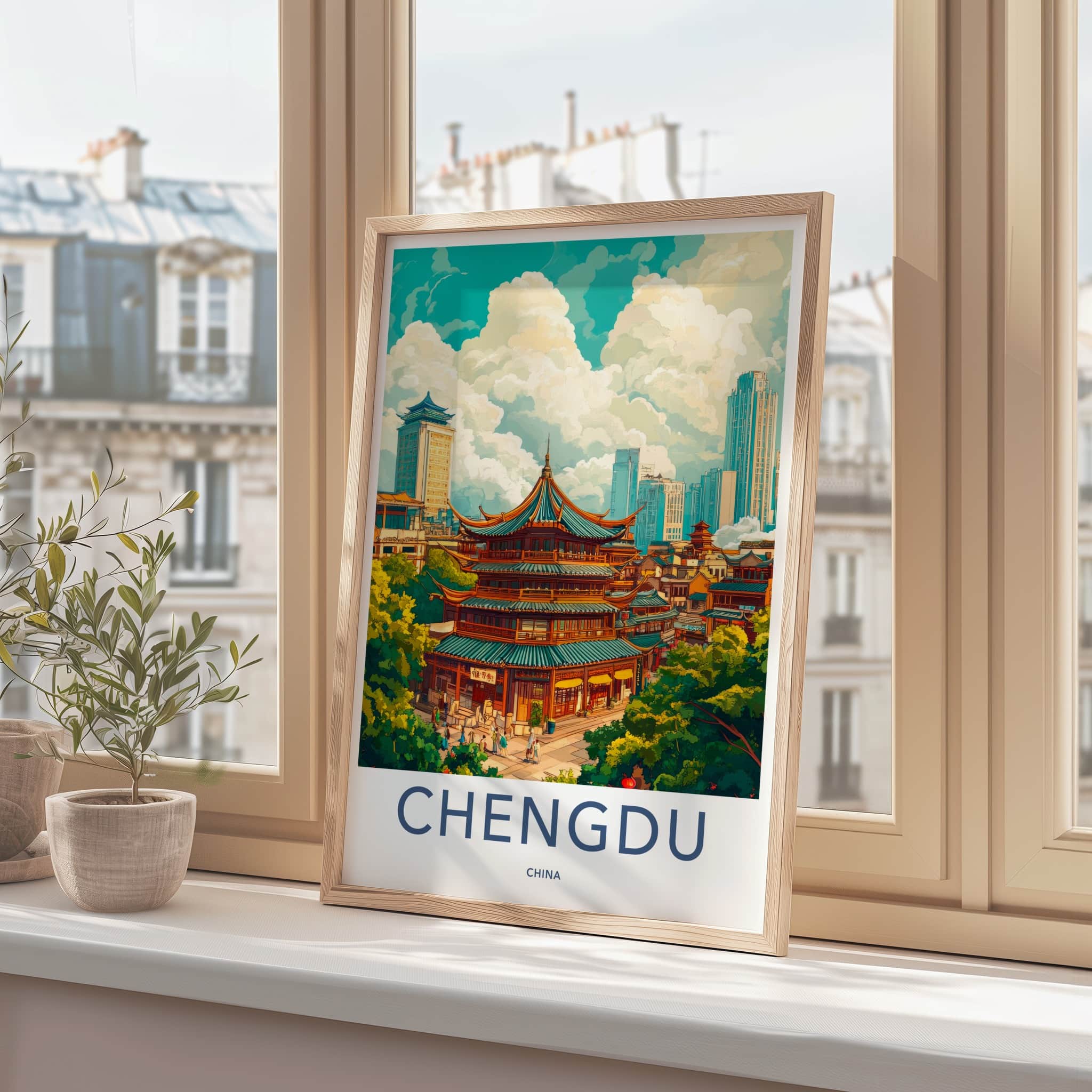 Chengdu Poster - China Travel Art - Historic Pagoda Skyscrapers Home Decor