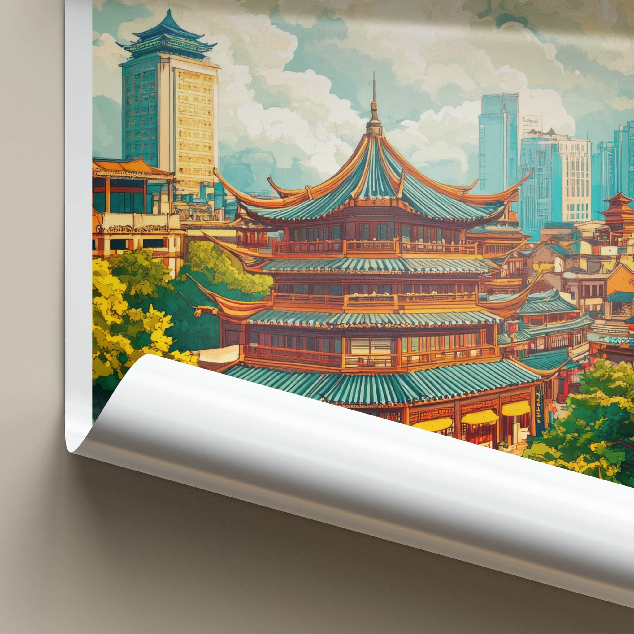 Chengdu Poster - China Travel Art - Historic Pagoda Skyscrapers Home Decor