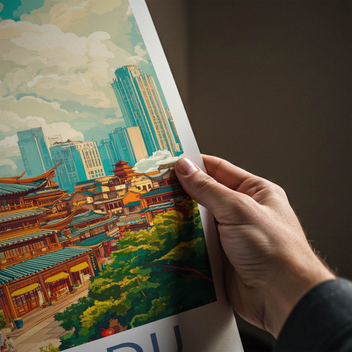 Chengdu Poster - China Travel Art - Historic Pagoda Skyscrapers Home Decor