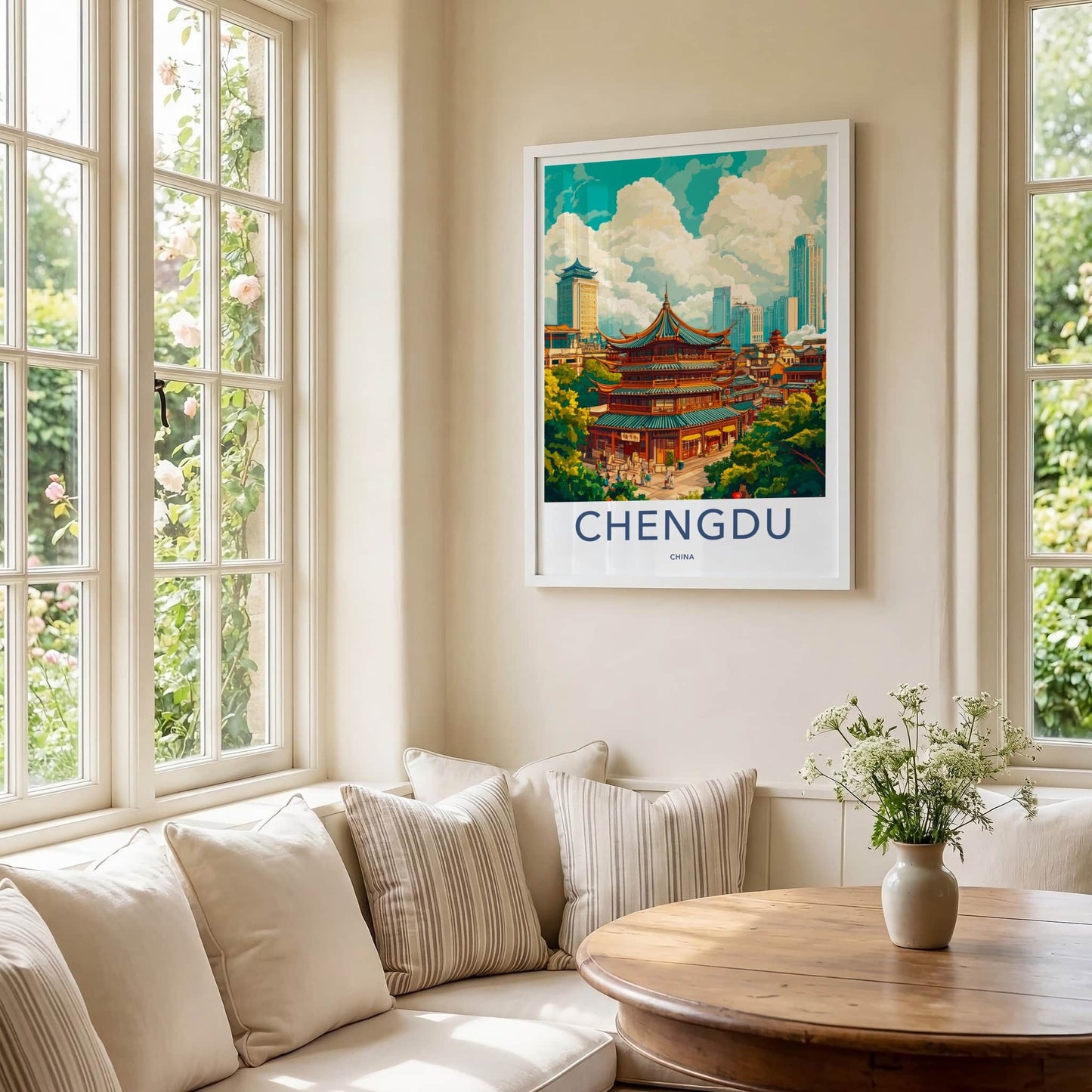 Chengdu Poster - China Travel Art - Historic Pagoda Skyscrapers Home Decor