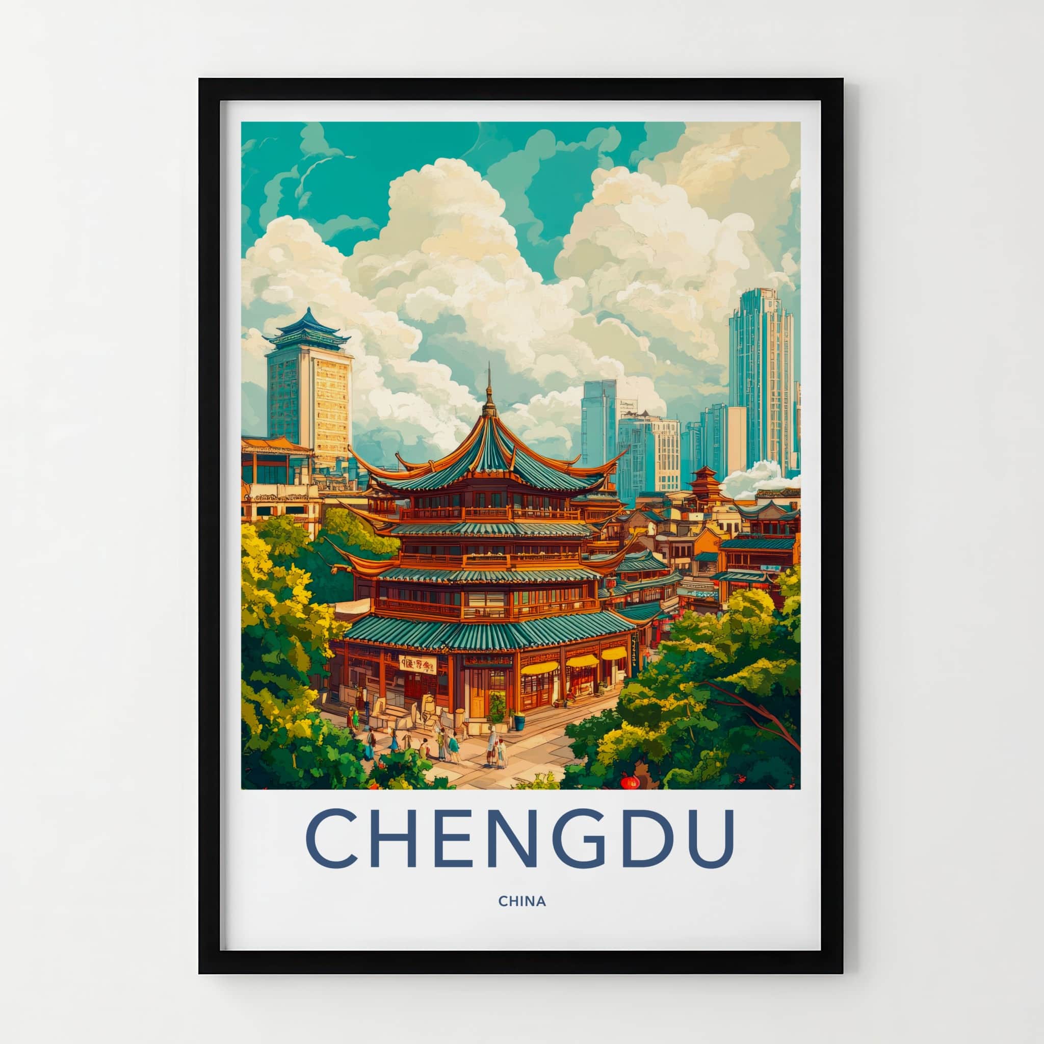 Chengdu Poster - China Travel Art - Historic Pagoda Skyscrapers Home Decor