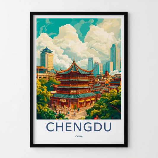 Chengdu Poster - China Travel Art - Historic Pagoda Skyscrapers Home Decor