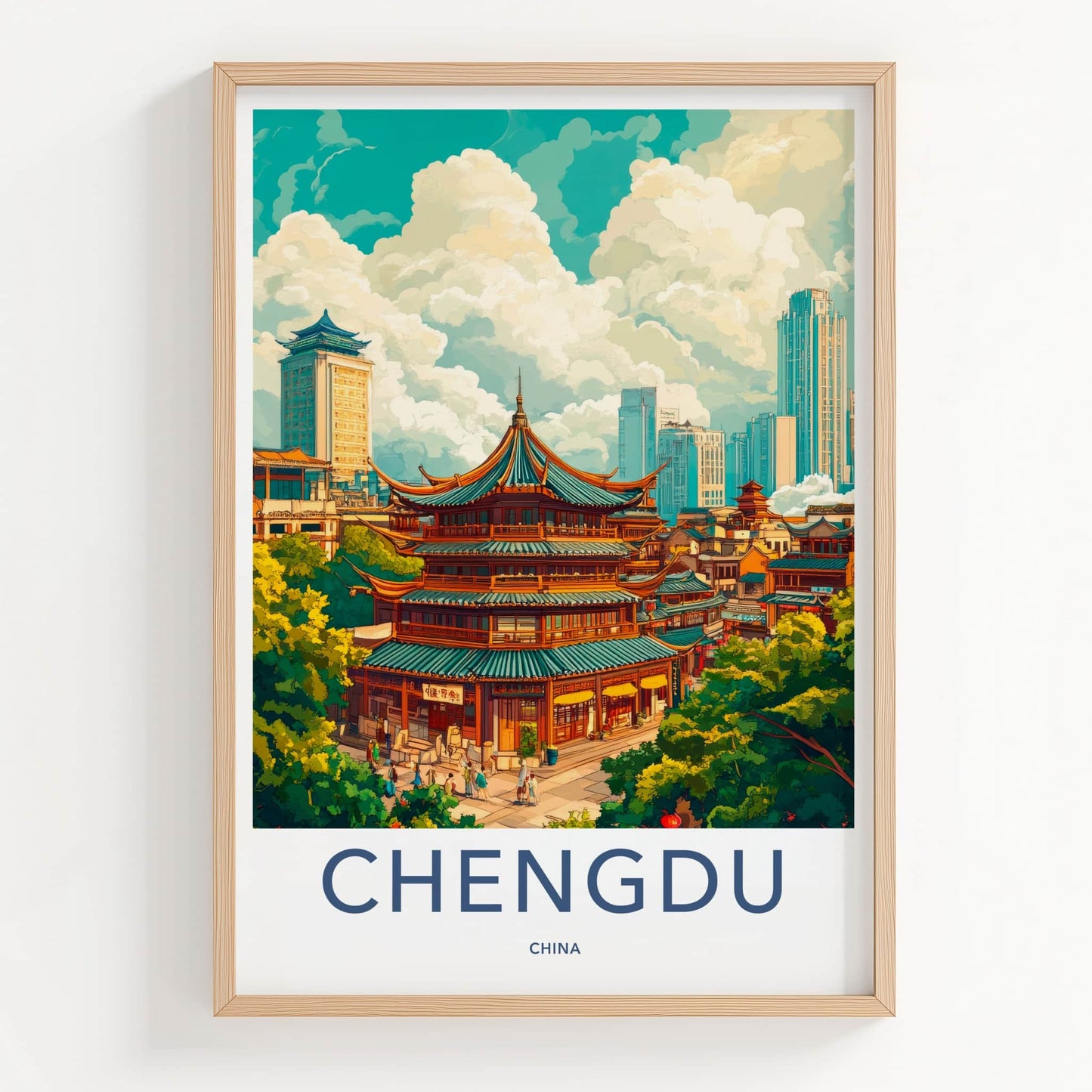 Chengdu Poster - China Travel Art - Historic Pagoda Skyscrapers Home Decor