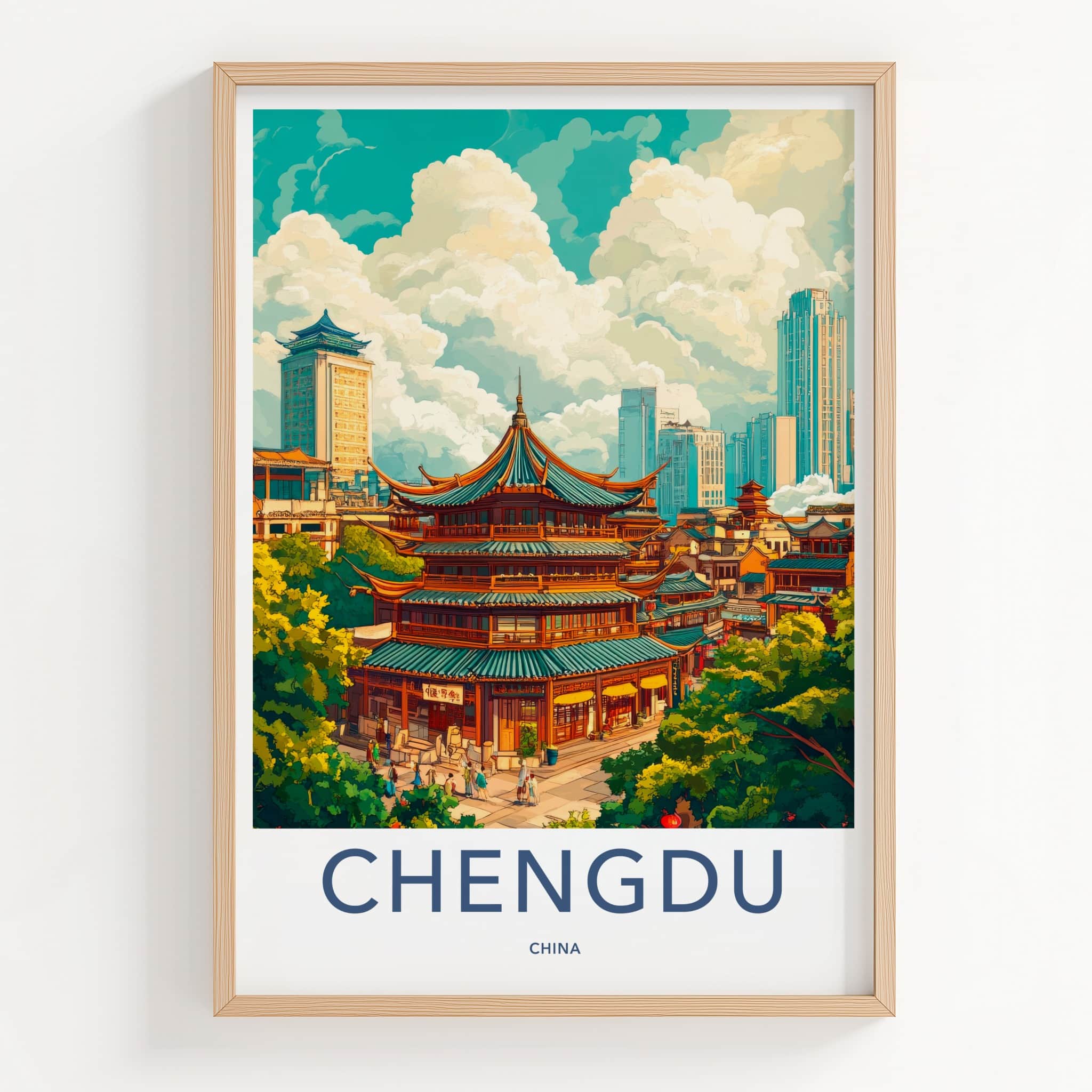 Chengdu Poster - China Travel Art - Historic Pagoda Skyscrapers Home Decor