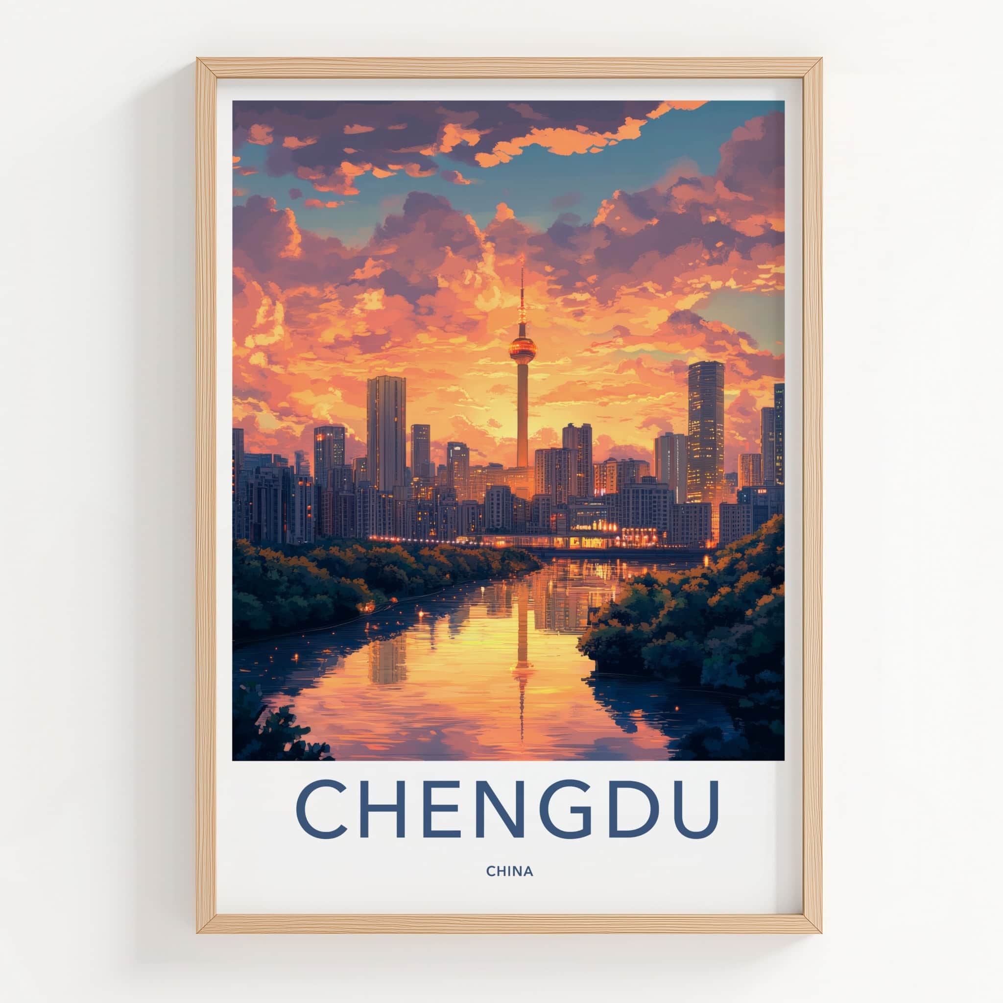 Chengdu Poster - China Travel Art - Orange Sunset Reflection Home Decor
