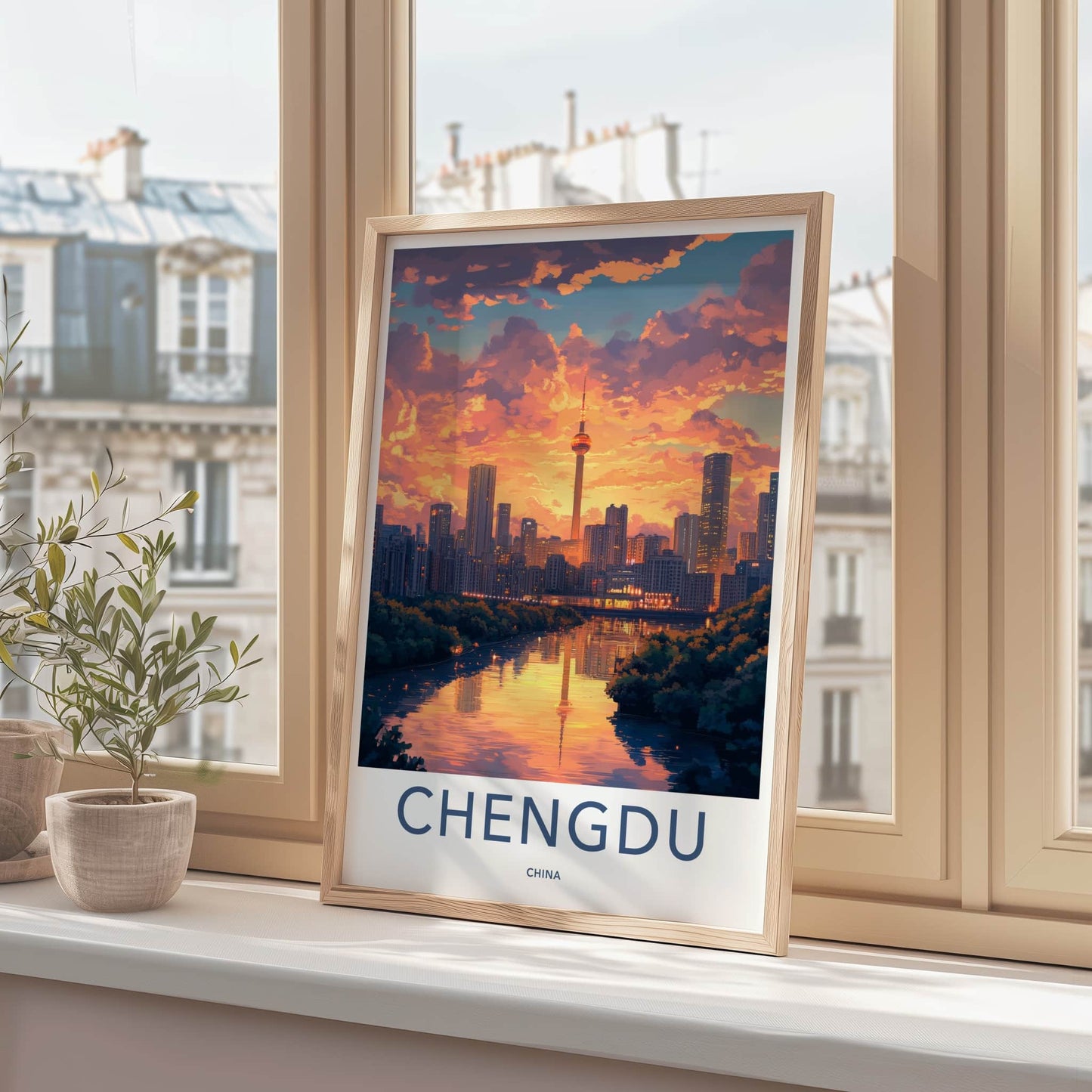 Chengdu Poster - China Travel Art - Orange Sunset Reflection Home Decor