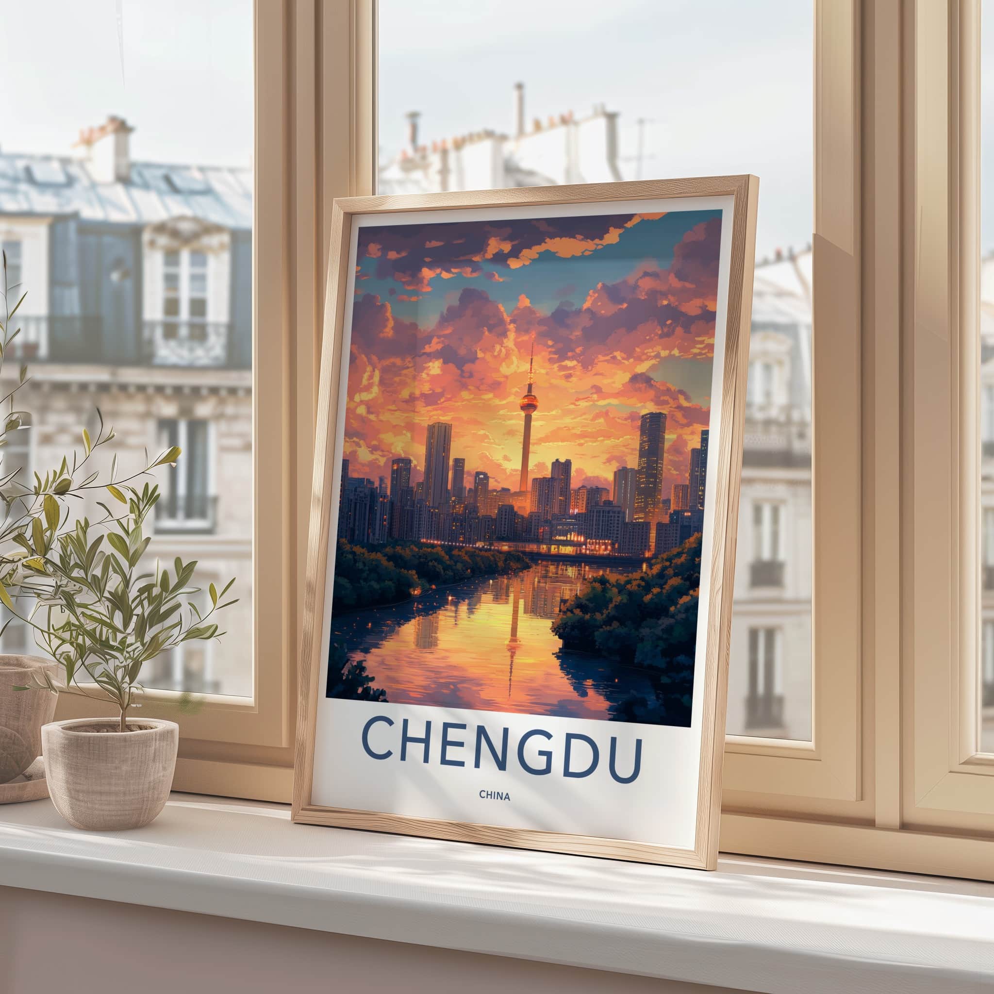 Chengdu Poster - China Travel Art - Orange Sunset Reflection Home Decor