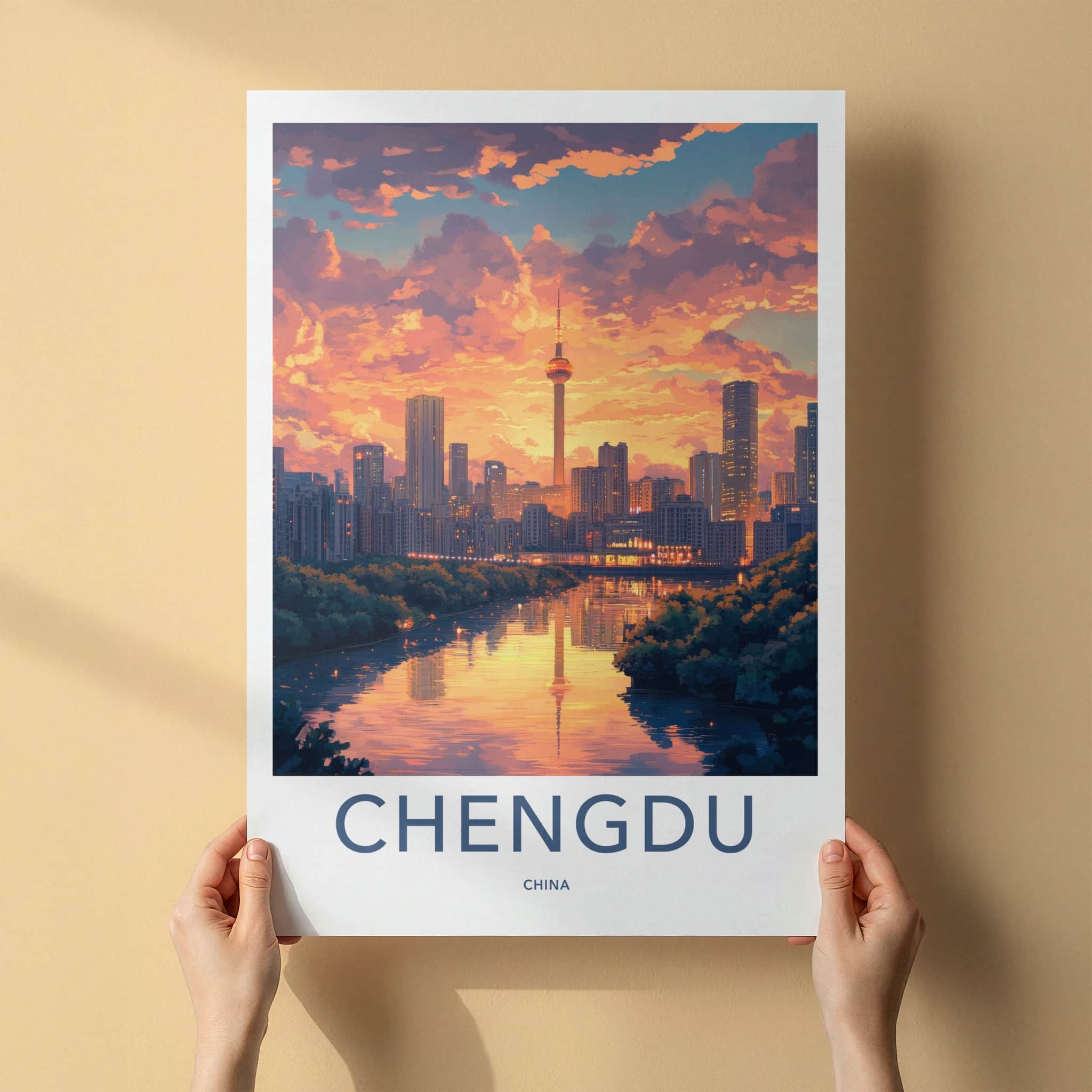 Chengdu Poster - China Travel Art - Orange Sunset Reflection Home Decor