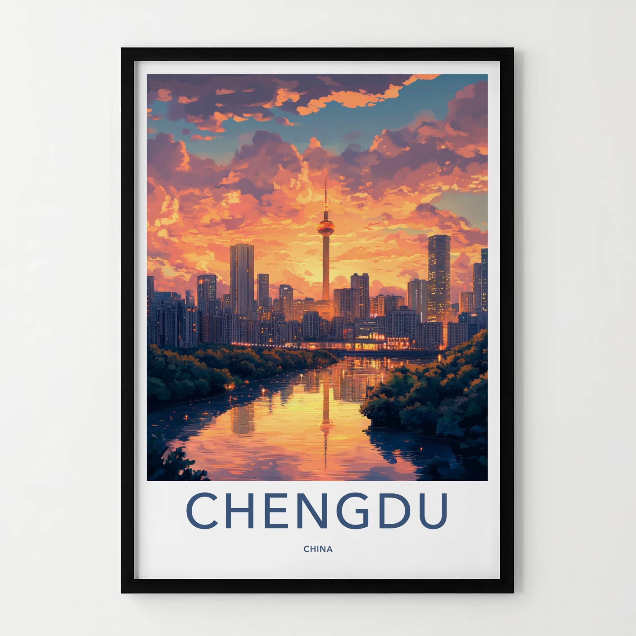 Chengdu Poster - China Travel Art - Orange Sunset Reflection Home Decor