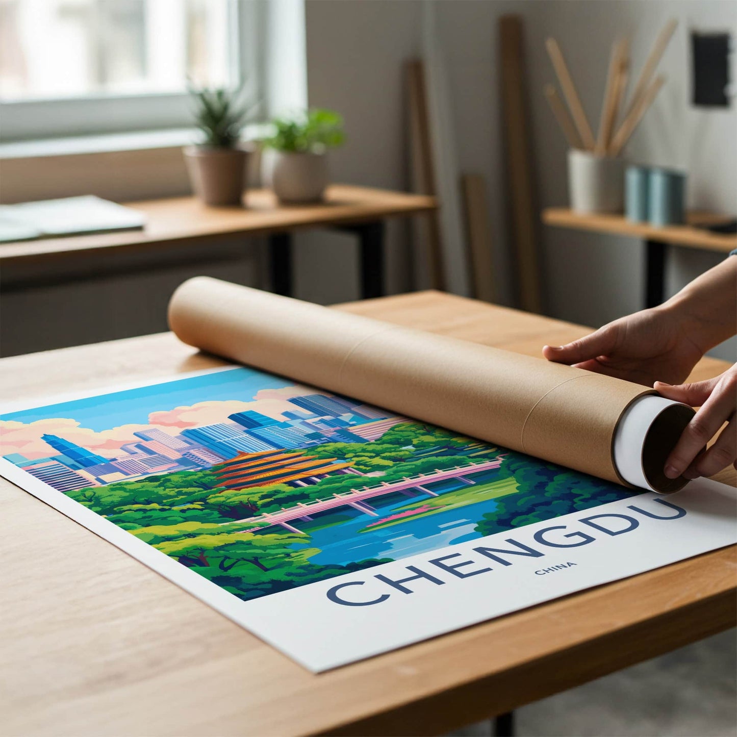 Chengdu Poster - China Travel Art - Pagoda Bridge Skyline Home Decor
