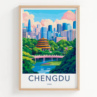Chengdu Poster - China Travel Art - Pagoda Bridge Skyline Home Decor