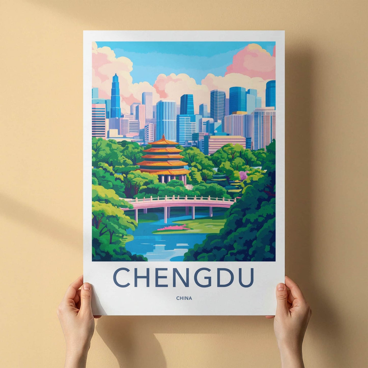 Chengdu Poster - China Travel Art - Pagoda Bridge Skyline Home Decor