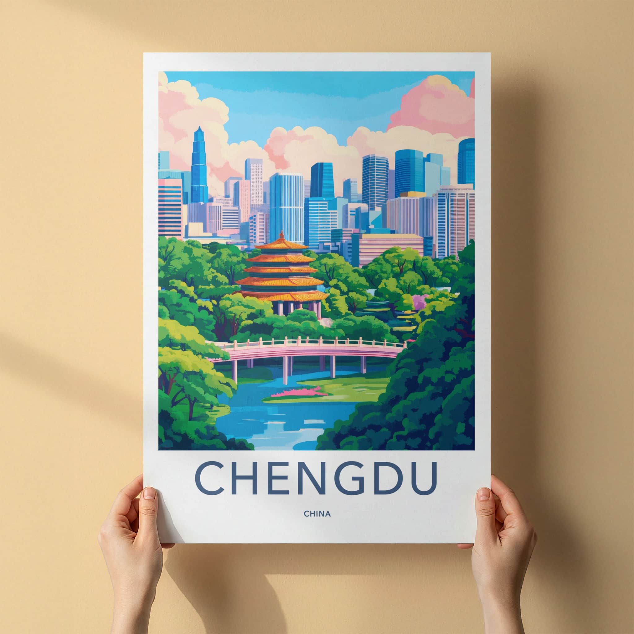 Chengdu Poster - China Travel Art - Pagoda Bridge Skyline Home Decor