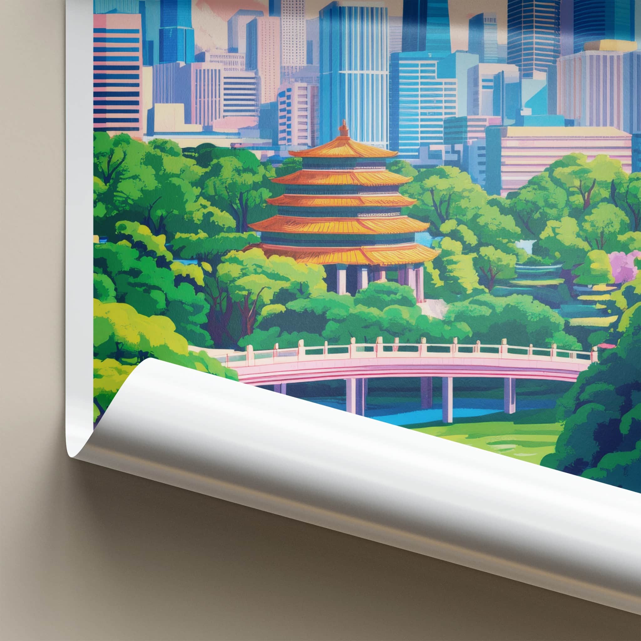 Chengdu Poster - China Travel Art - Pagoda Bridge Skyline Home Decor