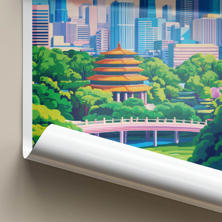 Chengdu Poster - China Travel Art - Pagoda Bridge Skyline Home Decor