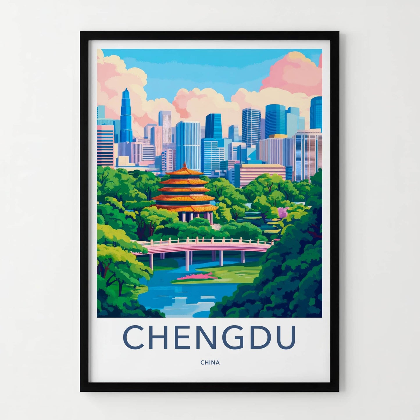 Chengdu Poster - China Travel Art - Pagoda Bridge Skyline Home Decor