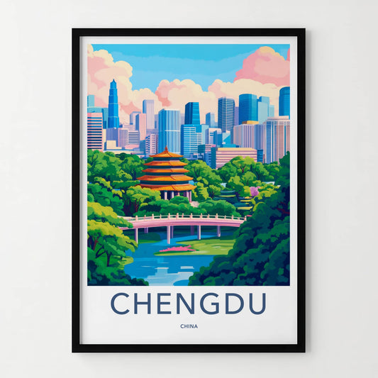 Chengdu Poster - China Travel Art - Pagoda Bridge Skyline Home Decor