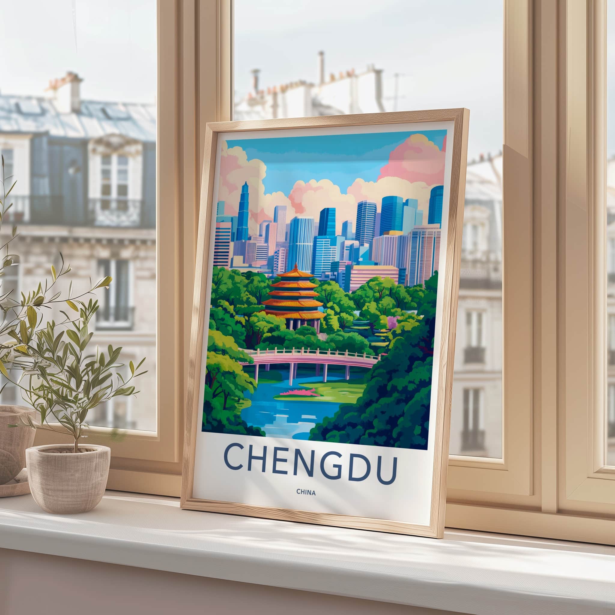Chengdu Poster - China Travel Art - Pagoda Bridge Skyline Home Decor