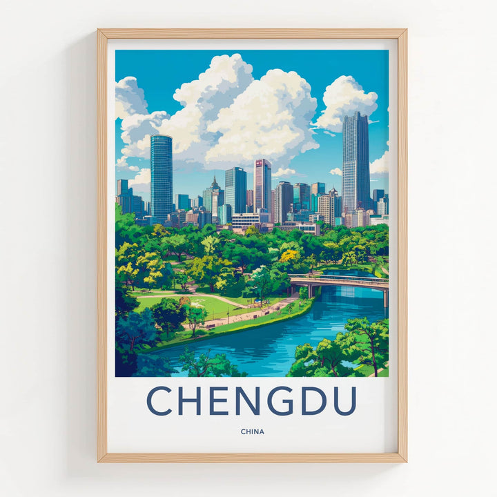 Chengdu Poster - China Travel Art - Skyscrapers River Park Home Decor